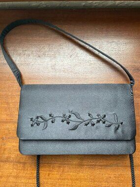 Black Satin Evening Bag Clutch Crossbody Floral Beaded Embroidery